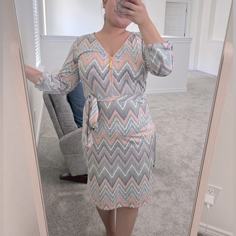 Chevron Patterned Dress with Pink and Gray Accents